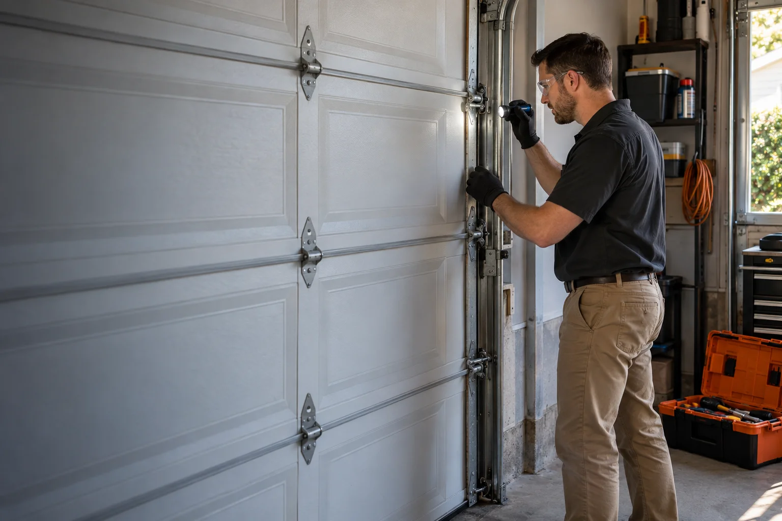 Technician inspecting the track and hardware on a residential garage door